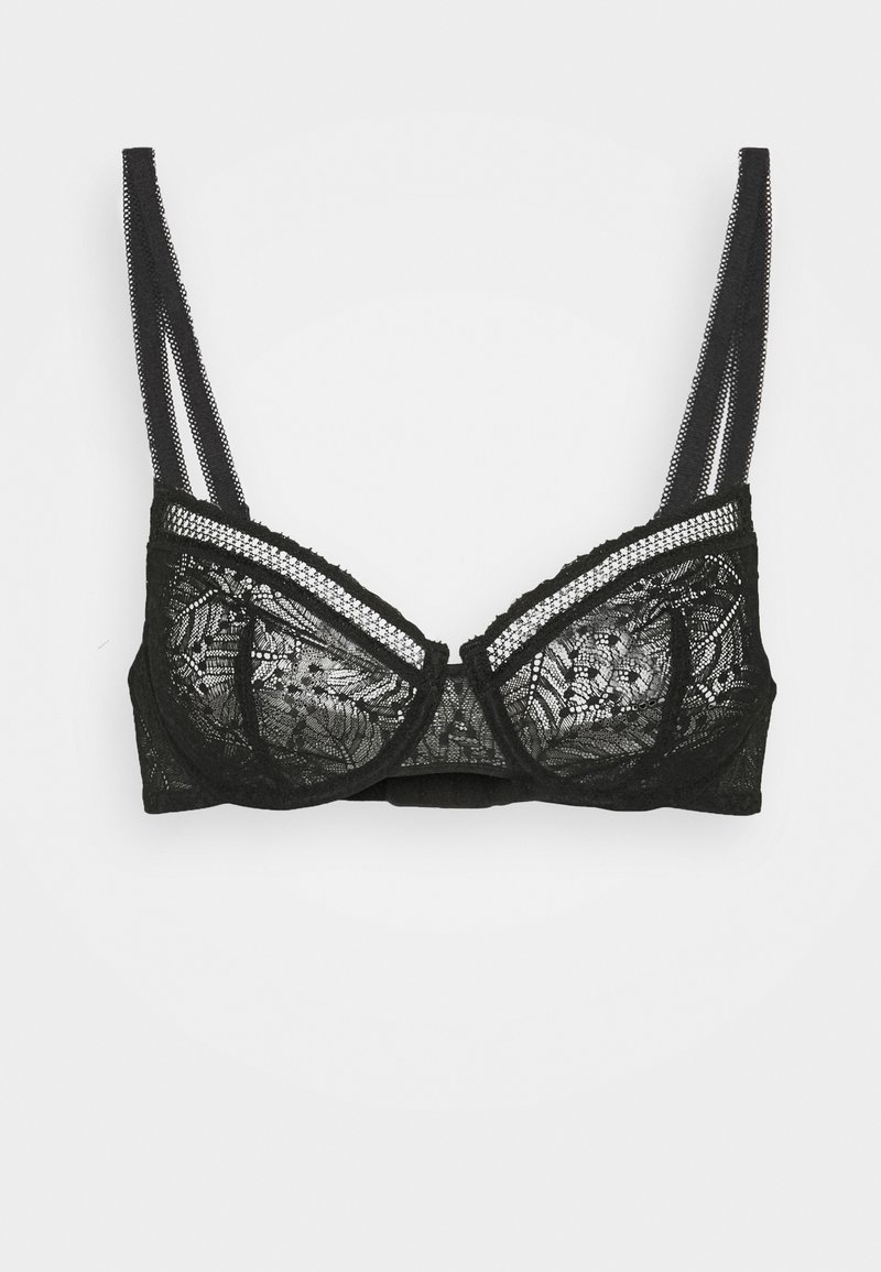 Black lace bra featuring a structured design, sheer detailing, and multiple strap variations. Floral patterns adorn the cups and band.