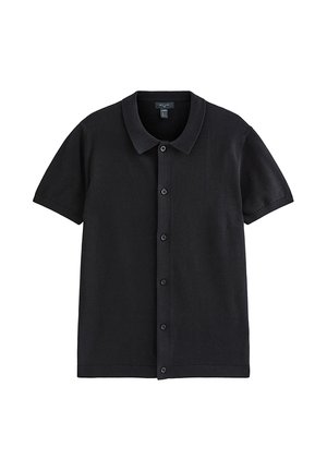 Zwart poloshirt met korte mouwen, knoopsluiting met zes knopen aan de voorkant, een kraag en een rechte zoom.