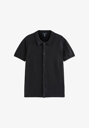 Zwart poloshirt met korte mouwen, knoopsluiting met zes knopen aan de voorkant, een kraag en een rechte zoom.