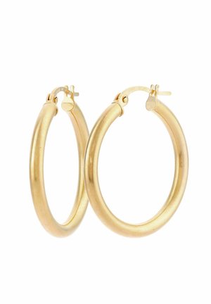 Orecchini a cerchio in oro con una finitura lucida, forma circolare e chiusura a scatto sicura. Texture liscia con una larghezza uniforme su tutta la lunghezza.