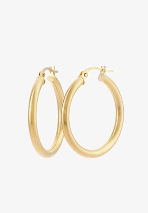 Gold hoop earrings with a polished finish, circular shape, and secure latch closure. Smooth texture with a consistent width throughout.