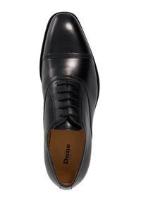 Black leather dress shoe with a pointed toe, lace-up design, textured detailing at the front, and a smooth shine. Inner sole is brown.