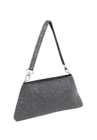 Sort clutch taske med en struktureret form, prydet med rhinsten. Den har en slank rem og en lynlåslukning øverst.