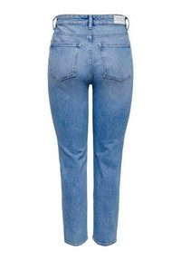 Jean bleu clair taille haute à jambes droites, avec poches arrière et passants de ceinture, vu de dos sur fond blanc.