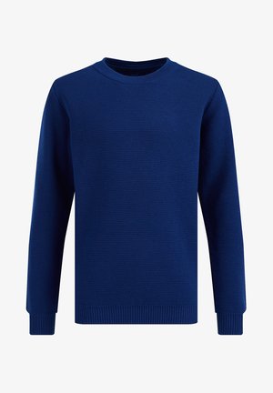 Suéter de punto azul marino para hombre, de manga larga, con puños, dobladillo y cuello redondo acanalados.