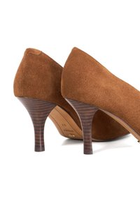 Brown suede high-heeled shoes with a pointed toe, featuring a stacked wooden heel and a smooth inner lining.