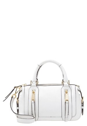 White leather handbag with dual top handles, gold-tone zipper details, and a detachable shoulder strap.