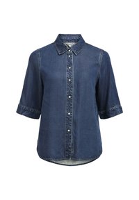 Camisa de denim de manga corta con botones a presión en perlita, cuello y dobladillo ligeramente curvado.