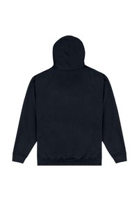 Felpa nera con tasca a marsupio, polsini e orlo a coste, tessuto testurizzato e cappuccio foderato. Design semplice, colore unito senza fantasie.