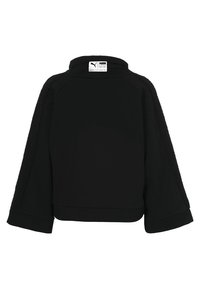 Black sweatshirt with a high collar, raglan sleeves, and textured side panels. Features a logo tag at the neck and wide, cropped sleeves.