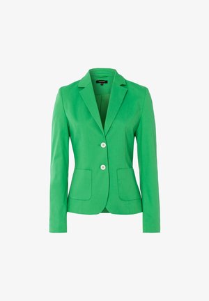 Veste blazer verte ajustée avec manches longues, deux boutons blancs, revers à encoches et poches plaquées à l'avant.