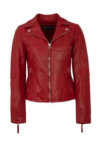 Rote Lederjacke mit einem Reißverschluss vorne, Rückenspiegel, und seitlichen Reißverschlusstaschen. Mit langen Ärmeln und dekorativen Nähten.