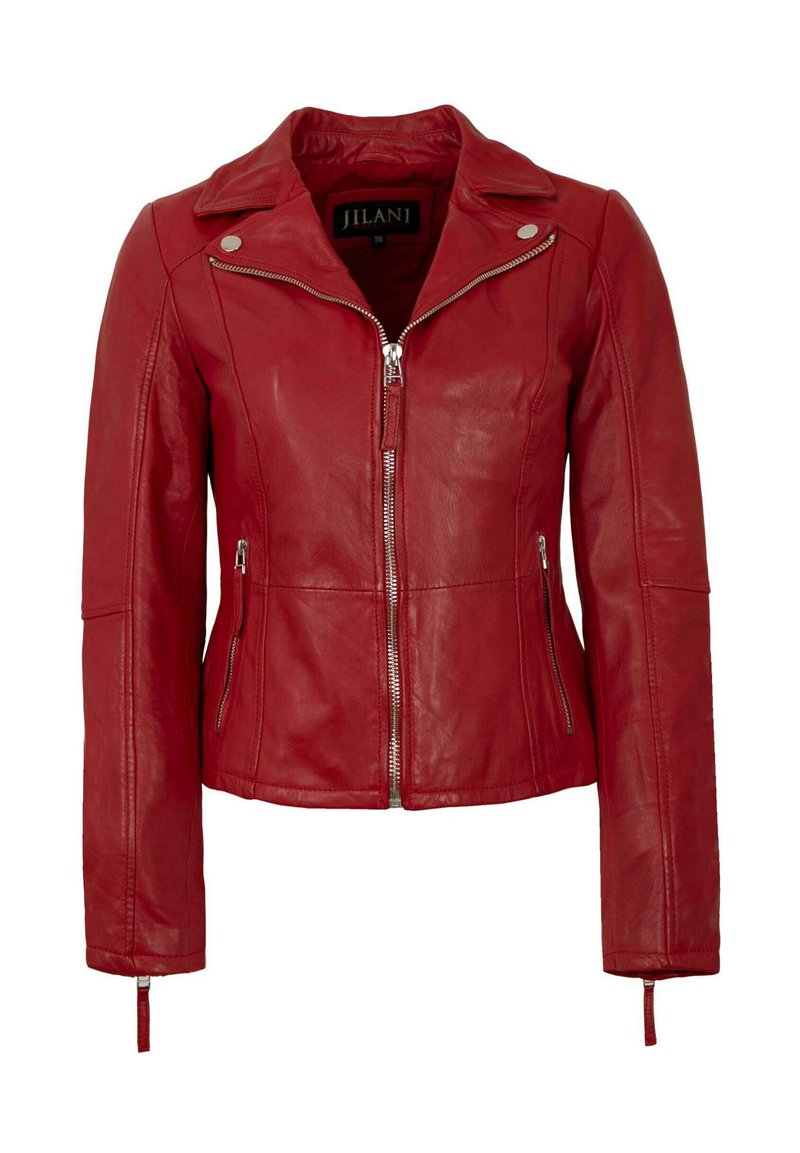 Rote Lederjacke mit einem Reißverschluss vorne, Rückenspiegel, und seitlichen Reißverschlusstaschen. Mit langen Ärmeln und dekorativen Nähten.