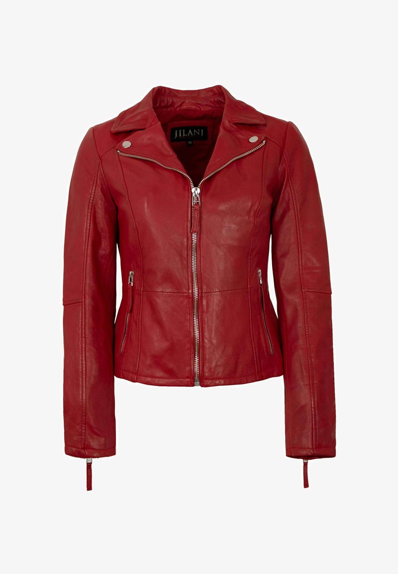 Rote Lederjacke mit einem Reißverschluss vorne, Rückenspiegel, und seitlichen Reißverschlusstaschen. Mit langen Ärmeln und dekorativen Nähten.