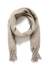 Beige Wollschal mit weicher Textur, ausgestattet mit fransigen Enden und einem geschlungenen Design.
