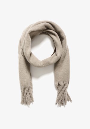 Beige villahuivi, jossa on pehmeä rakenne, frangeilla varustetut päät ja silmukkarakenteinen muotoilu.