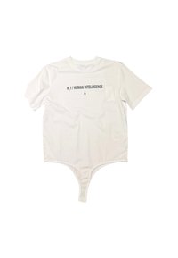 Body bianco con scollatura a girocollo, maniche corte e la dicitura "H.I / HUMAN INTELLIGENCE" stampata in nero sul davanti. Tessuto dalla superficie liscia.