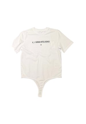 Body bianco con scollatura a girocollo, maniche corte e la dicitura "H.I / HUMAN INTELLIGENCE" stampata in nero sul davanti. Tessuto dalla superficie liscia.