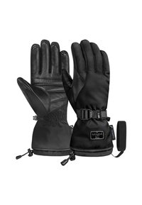 Zwarte handschoenen met een leren palm, textiele bovenkant, verstelbare polsband en elastische manchetten voor een veilige pasvorm. Versterkte stiksels zijn zichtbaar.