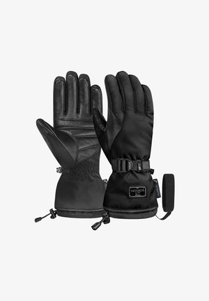 Schwarze Handschuhe mit Lederhandfläche, Textil-Obermaterial, verstellbarem Handgelenkriemen und elastischen Bündchen für einen sicheren Sitz. Verstärkende Nähte sind sichtbar.