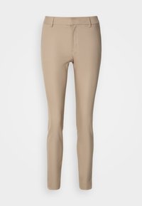 Pantalon beige slim-fit avec passants de ceinture et fermeture éclair frontale, présenté à plat sur un fond blanc.