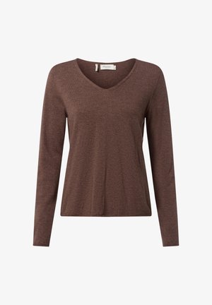 Braunes langärmliges V-Ausschnitt-Oberteil aus weichem Material, das einen lockeren Schnitt und eine glatte Textur aufweist. Schlichtes Design ohne Muster oder Akzente.
