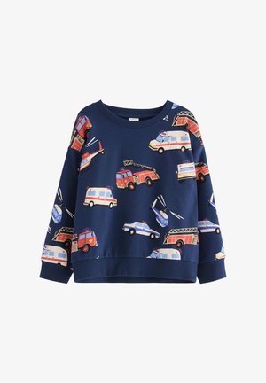 Granatowa bluza z kapturem z wzorami przedstawiającymi różne pojazdy ratunkowe w kolorach czerwonym, niebieskim i białym. Długie rękawy z ściągaczami na mankietach i dole.