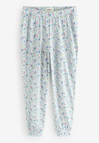 Svetlo modri cvetlični pižama hlače iz mehke tkanine, z elastičnim pasom in nabranimi manšetami, z vzorcem večbarvnih cvetov.