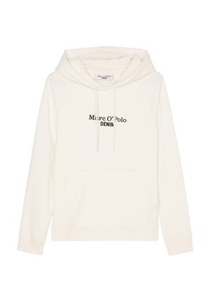 Sweat à capuche blanc avec poche avant, cordons et texte noir "Marc O’Polo DENIM" centré sur la poitrine.