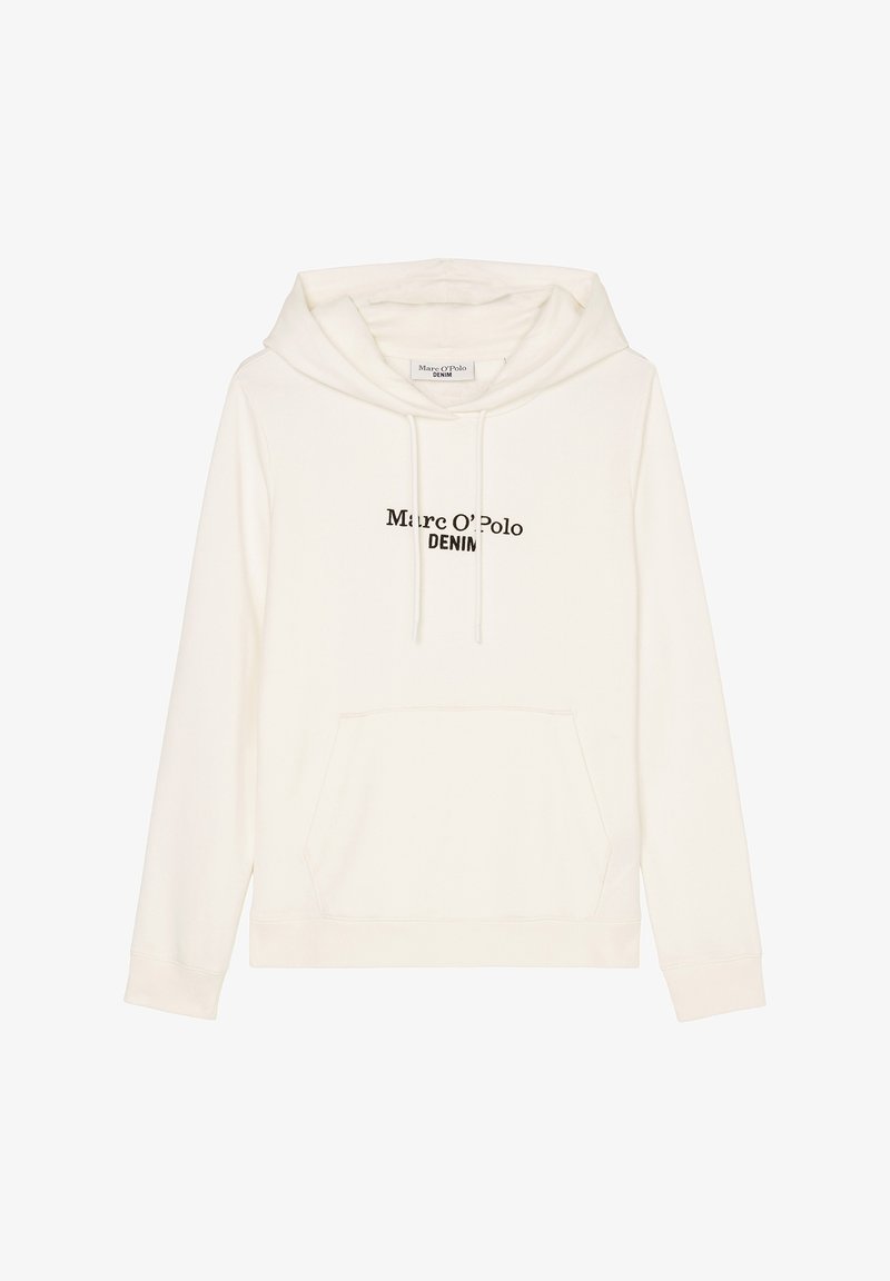 Sweat à capuche blanc avec poche avant, cordons et texte noir "Marc O’Polo DENIM" centré sur la poitrine.