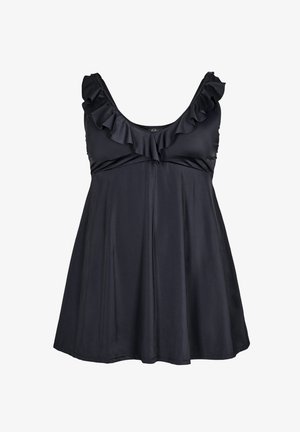 Costume da bagno nero con scollatura arricciata e silhouette ampia e fluida. Realizzato in tessuto liscio e elasticizzato con design senza maniche.