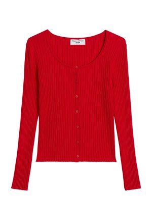 Cardigan rouge en maille côtelée à manches longues avec encolure ronde et sept boutons sur le devant, étiquette portant la mention "Marc O'Polo Denim".