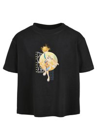 Zwarte katoenen T-shirt met korte mouwen, voorzien van een kleurrijke cartoonafbeelding van een personage dat basketball speelt, en de tekst "TUNE SQUAD."