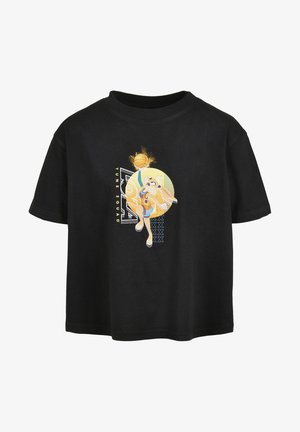Zwarte katoenen T-shirt met korte mouwen, voorzien van een kleurrijke cartoonafbeelding van een personage dat basketball speelt, en de tekst "TUNE SQUAD."