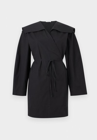 Black long-sleeve wrap dress with wide collar, waist tie, and a front pocket, displayed on a white background.