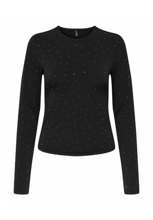 Zwarte langemouwen top van zachte stof, met een ronde halslijn en zilveren studs gelijkmatig over de voorkant verdeeld.