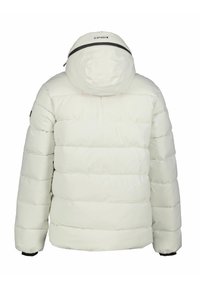 Hvid puffjakke med hætte, der har en quiltet design, elastiske manchetter og en lynlåspuller. Glat tekstur med minimal dekoration.