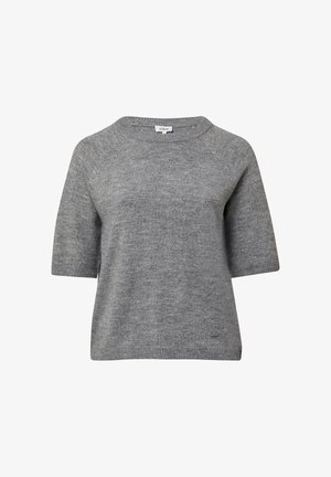 Szary sweter z krótkim rękawem, wykonany z miękkiego materiału; posiada okrągły dekolt i ribbowe wykończenia; detal z logo na brzegu.