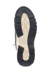 Semelle extérieure en caoutchouc noir avec un motif texturé, semelle intermédiaire blanche crémeuse en contraste. Présente des crampons en forme de flèche pour l'adhérence. Taille estampillée sur la semelle.