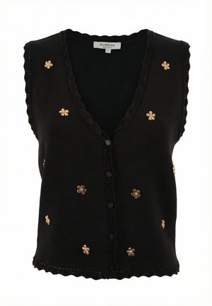 Chaleco de punto negro sin mangas con bordes ondulados, botones frontales y pequeños adornos dorados en forma de flor distribuidos por el frente.