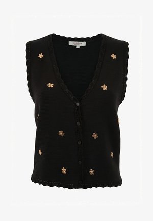 Gilet nero lavorato a maglia senza maniche con bordi smerlati, bottoni sul davanti e piccoli ornamenti floreali dorati sparsi sul davanti.