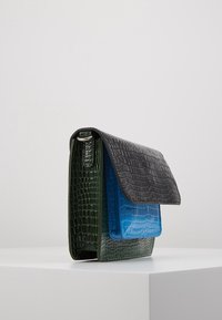 Rakenne, jossa on olkakassi, musta läppä, sininen etutasku ja tummanvihreä runko, kaikki krokotiilin nahkakuviolla.