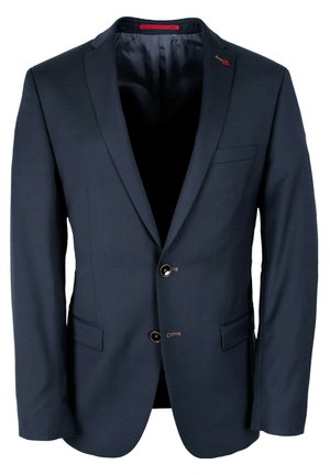 Marineblaues Blazer aus strukturiertem Stoff mit schlanker Passform, einreihigem Schnitt, zwei vorderen Taschen und braunen Knöpfen. Roter Akzent im Kragen.