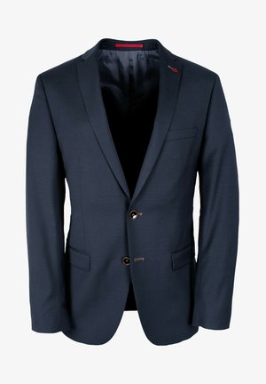 Marineblaues Blazer aus strukturiertem Stoff mit schlanker Passform, einreihigem Schnitt, zwei vorderen Taschen und braunen Knöpfen. Roter Akzent im Kragen.