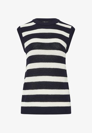 Gestreifter, navyblauer und weißer, ärmelloser Pullover mit rundem Halsausschnitt. Der Stoff hat eine strukturierte Oberfläche und zeigt breite horizontale Streifen.