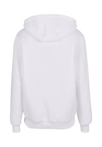 Sweatshirt à capuche blanche avec poche kangourou et bords-côtes aux poignets et à l'ourlet. Tissu doux avec une texture lisse, vu de l'arrière.