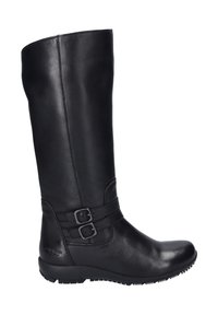 Bottine en cuir noir jusqu'au genou avec un bout arrondi, des accents à double boucle et une semelle texturée pour une meilleure adhérence. Surface lisse avec un minimum de détails de couture.