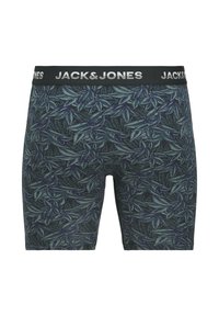 Donkerblauwe boxershorts met een bladermotief. Gemaakt van zacht stof, met een zwarte elastische tailleband waarop "JACK & JONES" is gedrukt.