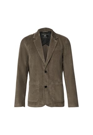 Brown corduroy blazer with a notched lapel, two front pockets, and two buttons. Textured fabric with vertical stripes and a black lining.