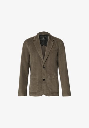 Bruine corduroy blazer met een gekarteld revers, twee voorzakken en twee knopen. Getextureerde stof met verticale strepen en een zwarte voering.